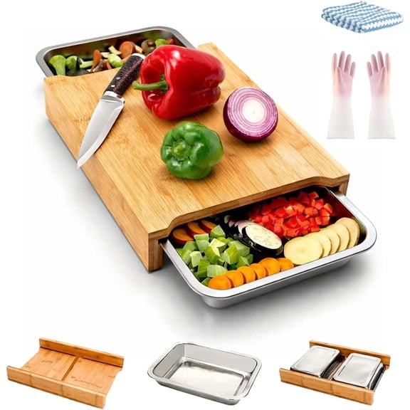 Wood Cutting Board with Slide out Trays, Catches Food and Waste, Removable Containers - Solid Wooden Food Chopping Station for Kitchen Organization and Outdoor
