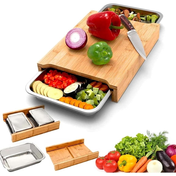 Wood Cutting Board with Slide Out Trays, Large Acacia Butcher Block Chopping Board with Removable Storage Containers, Kitchen Prep Cutting Board Organizer for Vegetables Meat Fruit (B)