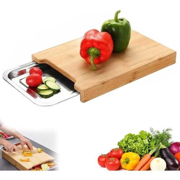 Wood Cutting Board with Slide Out Trays, Large Acacia Butcher Block Chopping Board with Removable Storage Containers, Kitchen Prep Cutting Board Organizer for Vegetables Meat Fruit (A)