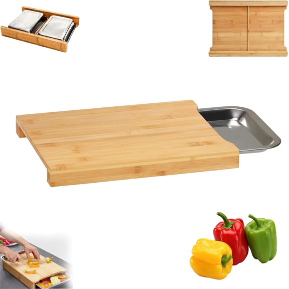 Wood Cutting Board with Slide Out Trays, Solid Wooden Butcher Block with Removable Drawers for Catches Food and Waste, Multi-functional Chopping Station for Kitchen Organization (Single plate)