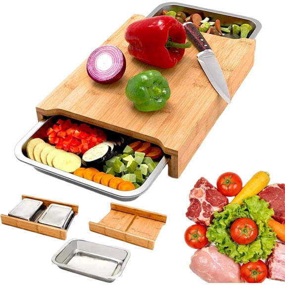 Wood Cutting Board with Slide Out Trays, Solid Wooden Butcher Block with Removable Drawers, Multi-functional Solid Wooden Butcher Block with Drawer, Catches Food and Waste, for Kitchen (B)