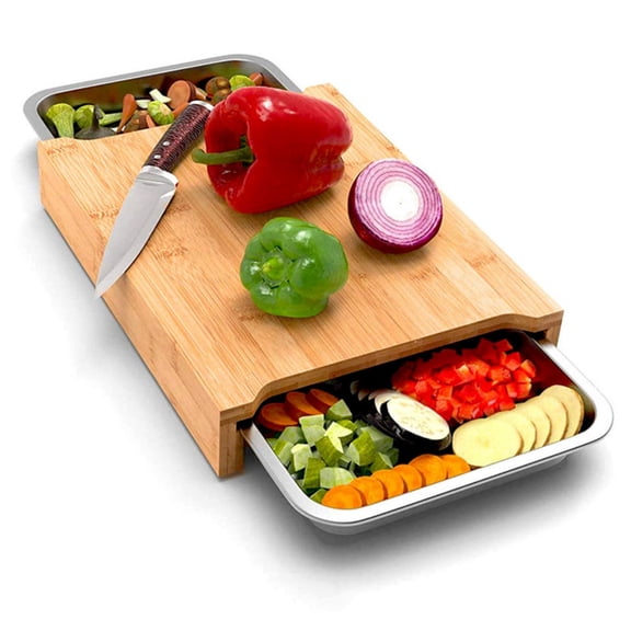 Wood Cutting Board with Slide Out Trays, Chopping Boards with Stainless Steel Juice Catcher, Solid Wooden Butcher Block, Catches Food and Waste