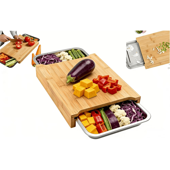 Wood Cutting Board with Slide Out Trays, Solid Butcher Block with Removable Drawers for Food Scraps, Large Chopping Board for Kitchen Prep