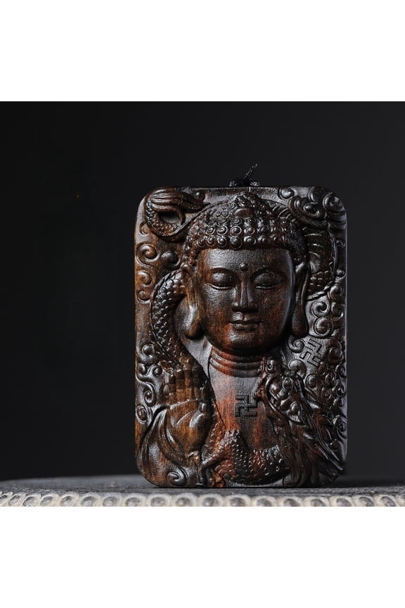 Wood Dainichi Buddha Pendant Double Sided Carved Necklace Unisex Buddhist Amulet for Car Hanging Home Decor Gift