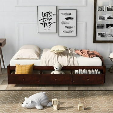 Wood Daybed with 3 Drawers, Minimalism Twin Size Captain’s Bed Platform Bed with Storage, Multi-Functional Sofa Bed Frame for Living Room Guest Bedroom, No Box Spring Needed, Cherry