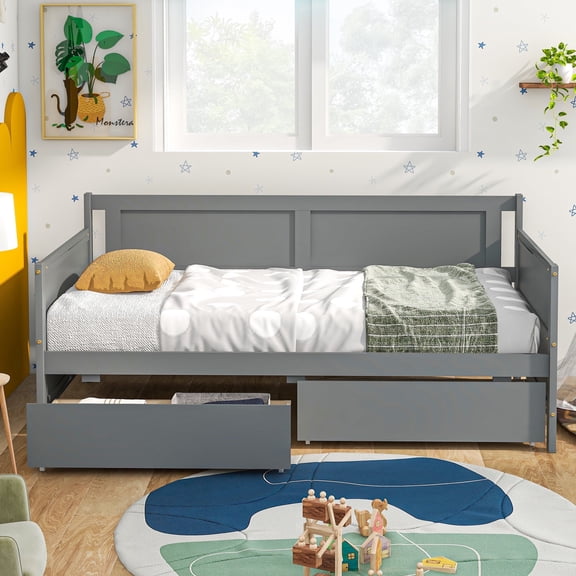 Wood Daybed Bed with Storage, UHOMEPRO Twin Size Day Bed Frame with 2 Drawers, Modern Bedroom Furniture Sofa Bed for Teens Adults, No Box Spring Needed, Gray