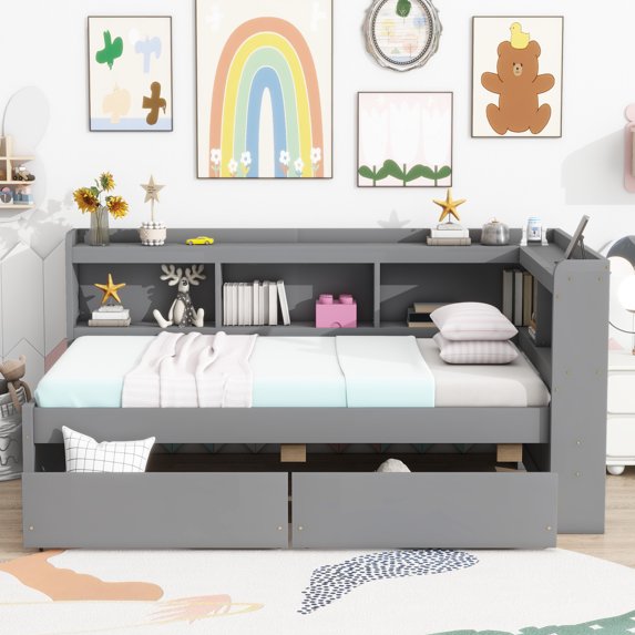 Wood Daybed Sofa Bed with Bookcase Storage and Two Drawers,USB Charging Ports Daybed for Living Room, Bedroom & Guest Room (Grey)