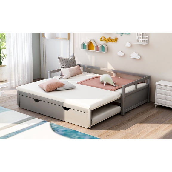 Wood Daybed with Trundle,Extendable Twin to King Daybed Frame,Upholstered Space Saving Daybed, Dual-use Sofa Bed Daybed with Wood Slat Support for Bedroom, Guest Room, No Box Spring Required,Gray
