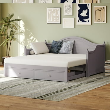 Wood Daybed with Extended Pop Up Trundle and Storage Drawers, Wooden Sofa Bed for Living Room, Guest Room, Twin Size, Light Grey