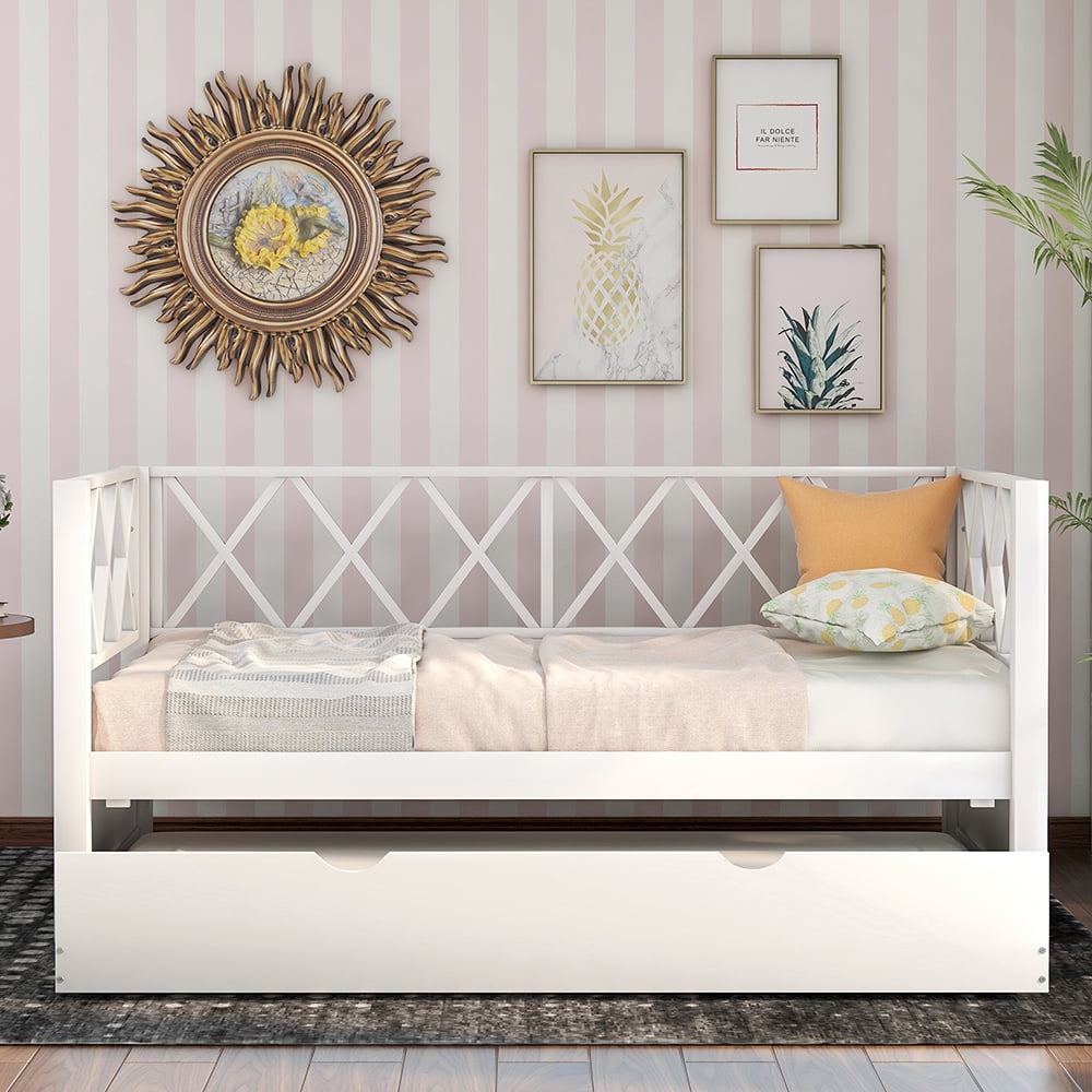 Wood Daybed with Trundle, Twin Size Day Bed Sofa Bed, White
