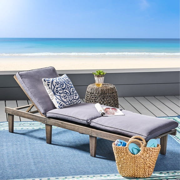 Wood Deck Chair With Full Cushion - Comfortable Rest 52.50 Inches Wide Sun Lounger Grey Relax In