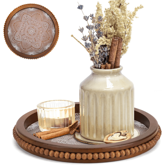 Wood Decorative Beaded Trays, Rustic Coffee Table Tray for Boho Home Decor, Round Serving Floral Tray for Ottoman Kitchen Counter Farmhouse Centerpiece Decor