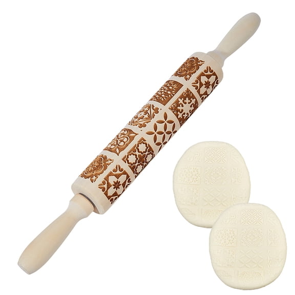 Wood Decorative Flower Pattern Rolling Pin Kitchen Tool BurlyWood 385x44.5mm