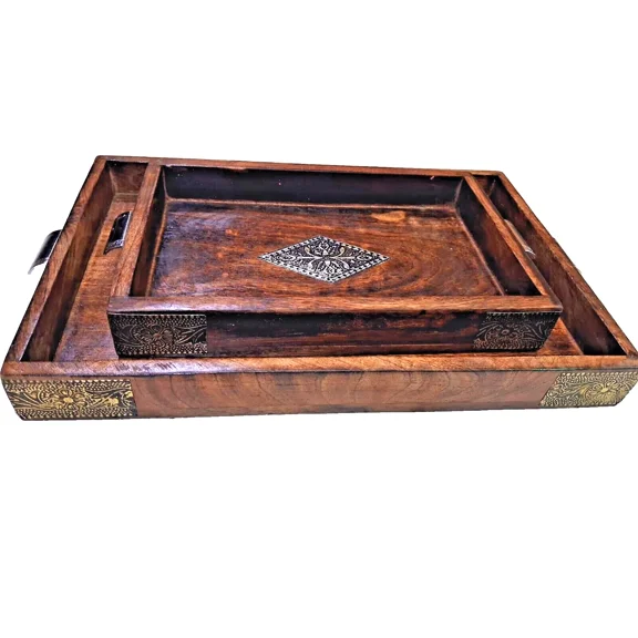 Wood Decorative Rectangular Serving Tray with Handles Platter Food, Tea (2 SET)