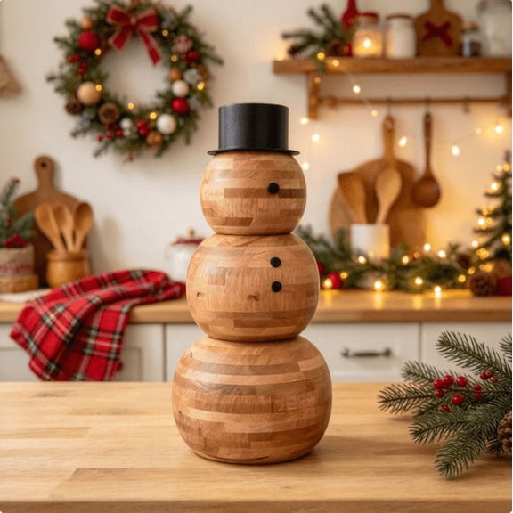 Wood Decorative Snowman with Black Metal Hat in Natural Finish, Farmhouse Christmas Winter Decor for Tabletop Shelf Mantel