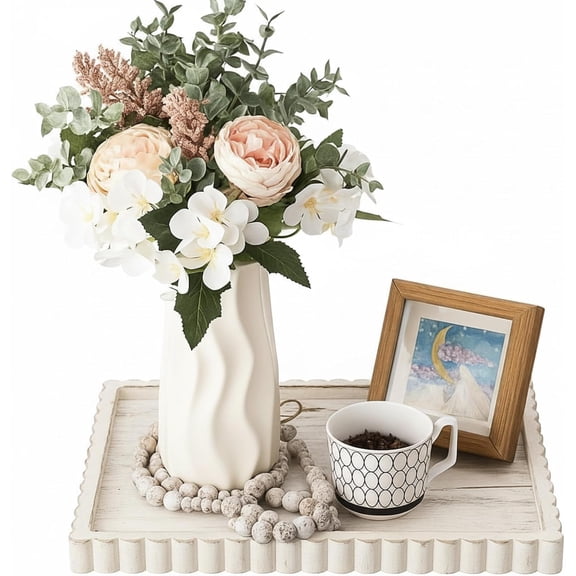 Wood Decorative Tray for Home Decor, 14'' x 10'' Wooden Serving Tray for Coffee Table Centerpiece Dining Kitchen Island Decoration Bathroom Counter Display (White Color,Pine)