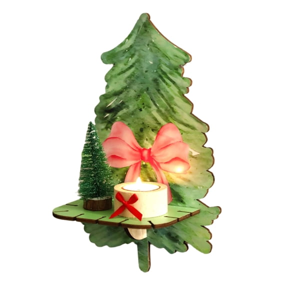 Wood Decorative Wall Shelf with Bows Pattern Christmas Tree Wall Floating Shelves for Holiday Party Display Storage Rack
