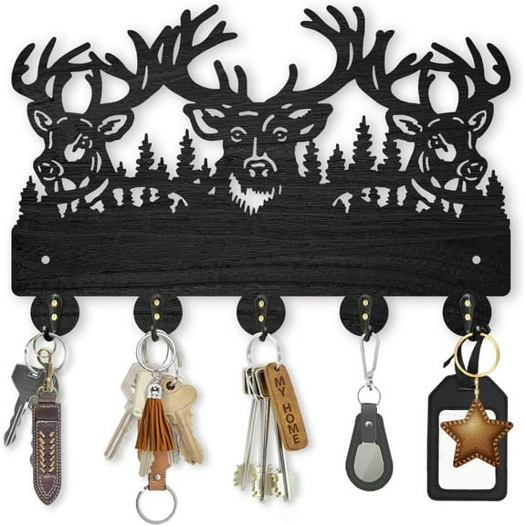 Wood Deer Coat Rack Wall Mount Forest Animal Key Holder for Wall - Elk Reindeer Wall Hooks - 5 Alloy Hooks for Gift Entryway Living Room Farmhouse Cabin Black DIY