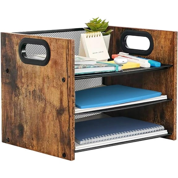 Wood Desk Organizer - 3-Tier Desktop File Organizer, Wooden Paper Tray, Office Desk Organzier and Accessories for Papers, Mail, Notebooks, Stationery