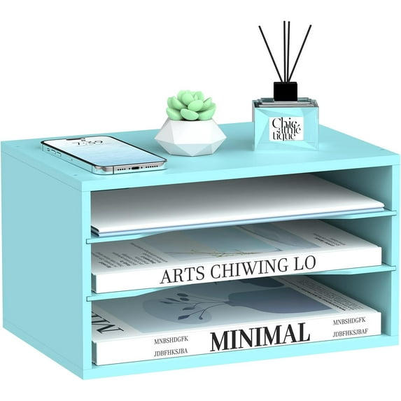 Wood Desk Organizer, 3 Tier Paper File Organizer for Desk, Wooden Desktop Organizer, Paper Letter Literature Mail Sorter, for Office School & Home Organization, Blue
