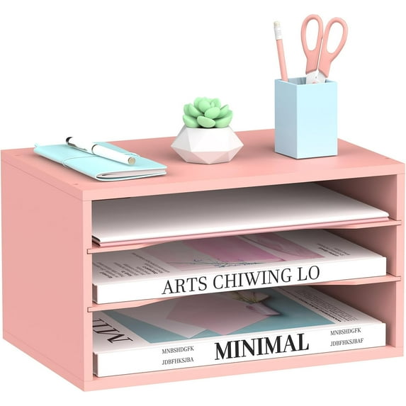 Wood Desk Organizer, 3 Tier Paper File Organizer for Desk, Wooden Desktop Organizer, Paper Letter Literature Mail Sorter, for Office School & Home Organization, Pink