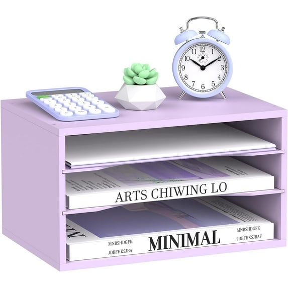 Wood Desk Organizer, 3 Tier Paper File Organizer for Desk, Wooden Desktop Organizer, Paper Letter Literature Mail Sorter, for Office School & Home Organization, Purple