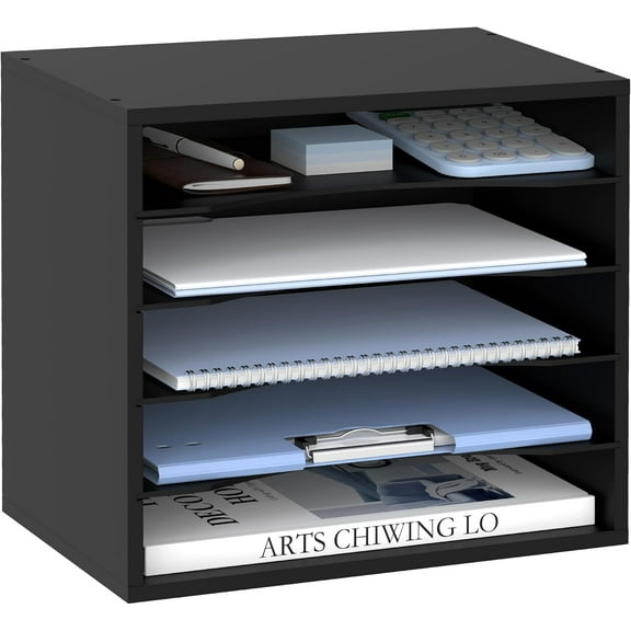 Wood Desk Organizer, 5 Tier Paper File Organizer for Desk, Wooden Desktop Organizer, Paper Letter Literature Mail Sorter, for Office School & Home Organization, Black