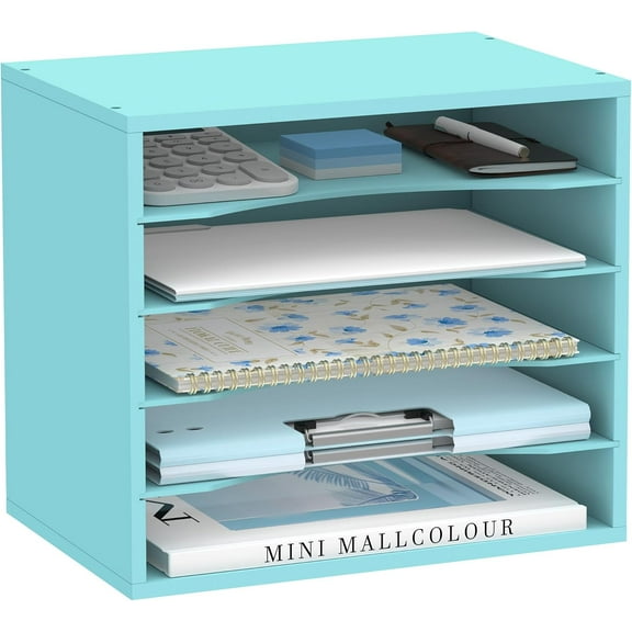 Wood Desk Organizer, 5 Tier Paper File Organizer for Desk, Wooden Desktop Organizer, Paper Letter Literature Mail Sorter, for Office School & Home Organization, Blue