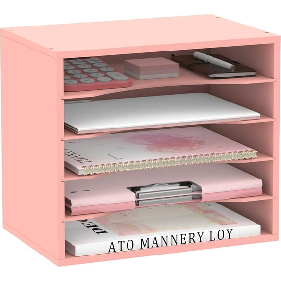 Wood Desk Organizer, 5 Tier Paper File Organizer for Desk, Wooden Desktop Organizer, Paper Letter Literature Mail Sorter, for Office School & Home Organization, Pink