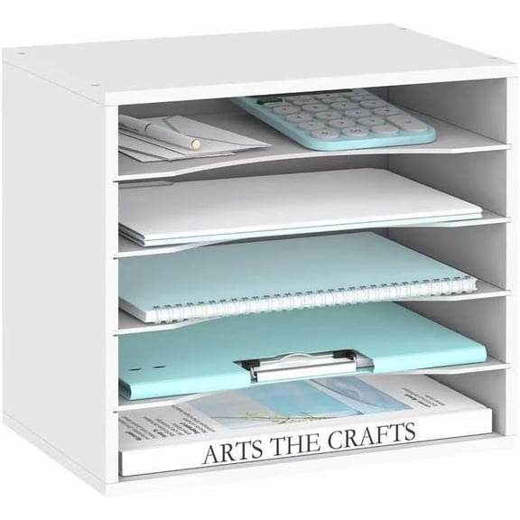 Wood Desk Organizer, 5 Tier Paper File Organizer for Desk, Wooden Desktop Organizer, Paper Letter Literature Mail Sorter, for Office School & Home Organization, White