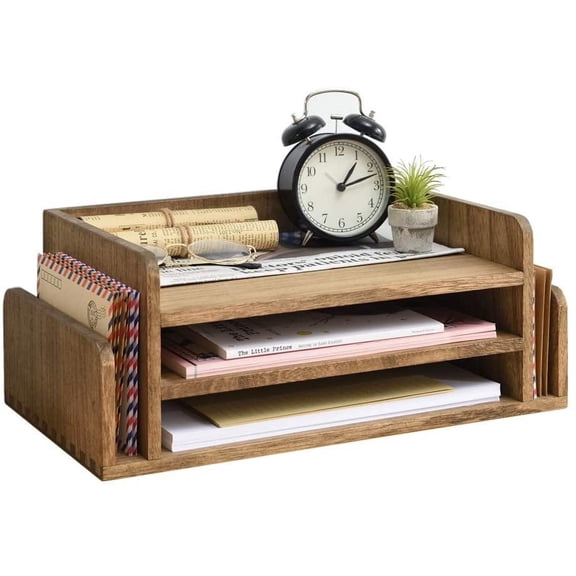 Wood Desk Organizer 5 Trays, 3-Tier Desktop Document Letter Tray with Side Slots, Fully Assembled Mail Sorter and File Folder Holder for Home Office, Brown 2TP-DBR