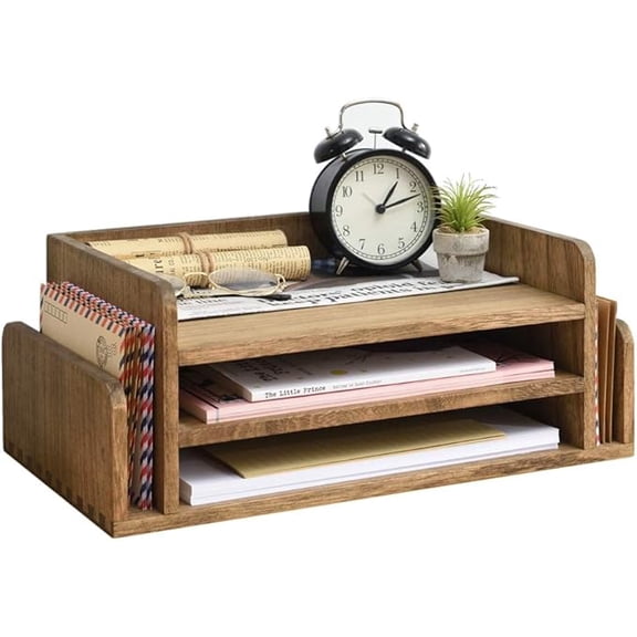 Wood Desk Organizer 5 Trays - Desktop Document Letter Tray for Folders, Mail,File -Nature 3-Tier Office Mail Sorter Organizer Rack/Telephone Stand/Document Holder Dark Brown