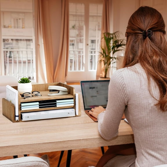 Wood Desk Organizer 5 Trays - Desktop Document Letter Tray for Folders, Mail,File -Nature 3-Tier Office Mail Sorter Organizer Rack/Telephone Stand/Document Holder Dark Brown