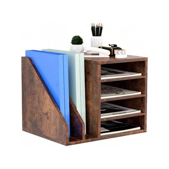 Wood Desk Organizer File Holder Wooden Mail Organizer Countertop With Adjustable Compartments Desktop File Organizer Paper Sorter For Home Office And School Envelope Organizer Brown