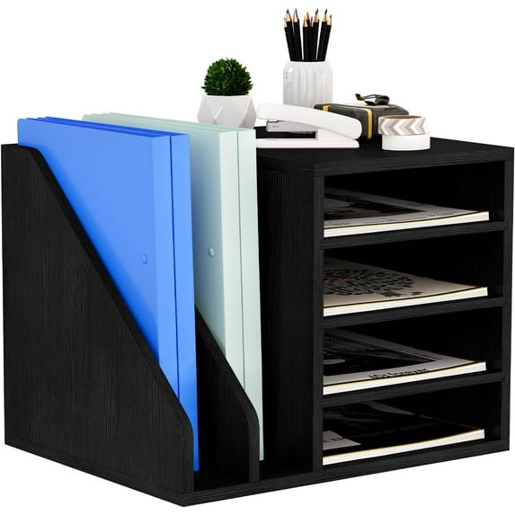 Wood Desk Organizer File Holder, Wooden Mail Organizer Countertop with Adjustable Compartments, Desktop File Organizer Paper Sorter for Home, Office and School, Envelope Organizer, Black
