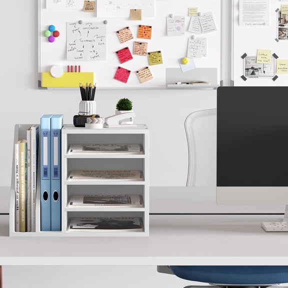 Wood Desk Organizer File Holder, Wooden Mail Organizer Countertop with Adjustable Compartments, Desktop File Organizer Paper Sorter for Home, Office and School, Envelope Organizer, White