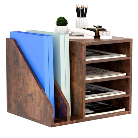 Wood Desk Organizer File Holder Wooden Mail Organizer Countertop with Adjustable Compartments Desktop File Organizer Paper Sorter for Home Office and School Envelope Organizer Brown