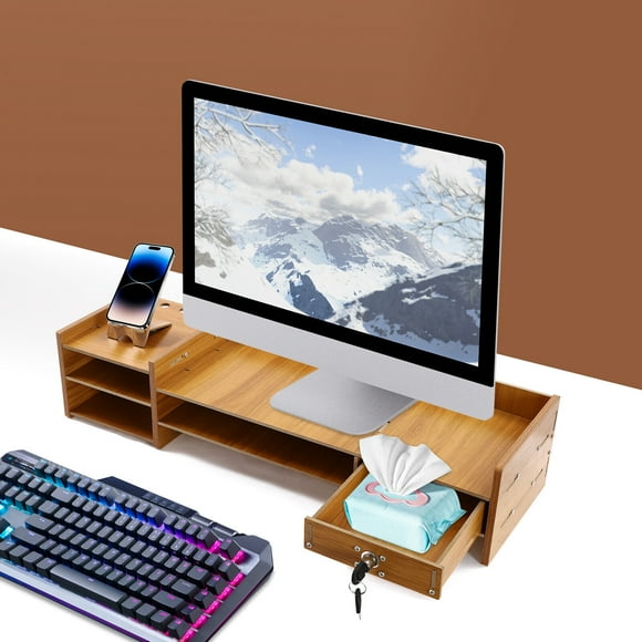 Wood Desk Organizer Home Office Desktop Storage Drawer Computer Holder W/Lock