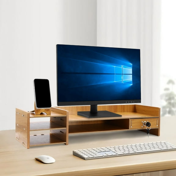 Wood Desk Organizer Stand W/Drawers Office Desktop Storage Monitor Holder Stand