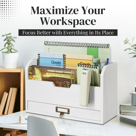 Wood Desk Organizer - Wooden Mail Organizer with Drawer for Mail, Bills, Accessories & Pen - 3 Tier Wood Bill Organizer for Desk, Tabletop, Countertop, and Office Workspace (Beige Wood)