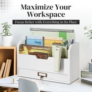 Wood Desk Organizer - Wooden Mail Organizer with Drawer for Mail, Bills, Accessories & Pen - 3 Tier Wood Bill Organizer for Desk, Tabletop, Countertop, and Office Workspace Beige Wood