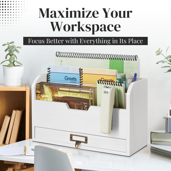 Wood Desk Organizer - Wooden Mail Organizer with Drawer for Mail, Bills, Accessories & Pen - 3 Tier Wood Bill Organizer for Desk, Tabletop, Countertop, and Office Workspace (Beige Wood)