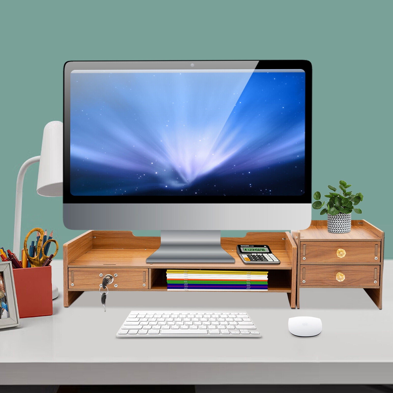 Wood Desk Organizer w/ Drawers Office Desktop Storage Table Monitor