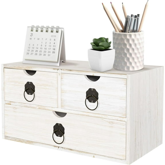 Wood Desk Organizer with Drawer, White Wooden Desktop Organizer, Tabletop Storage Organization Box for Countertop, Home Office Supplies (3 Drawer)