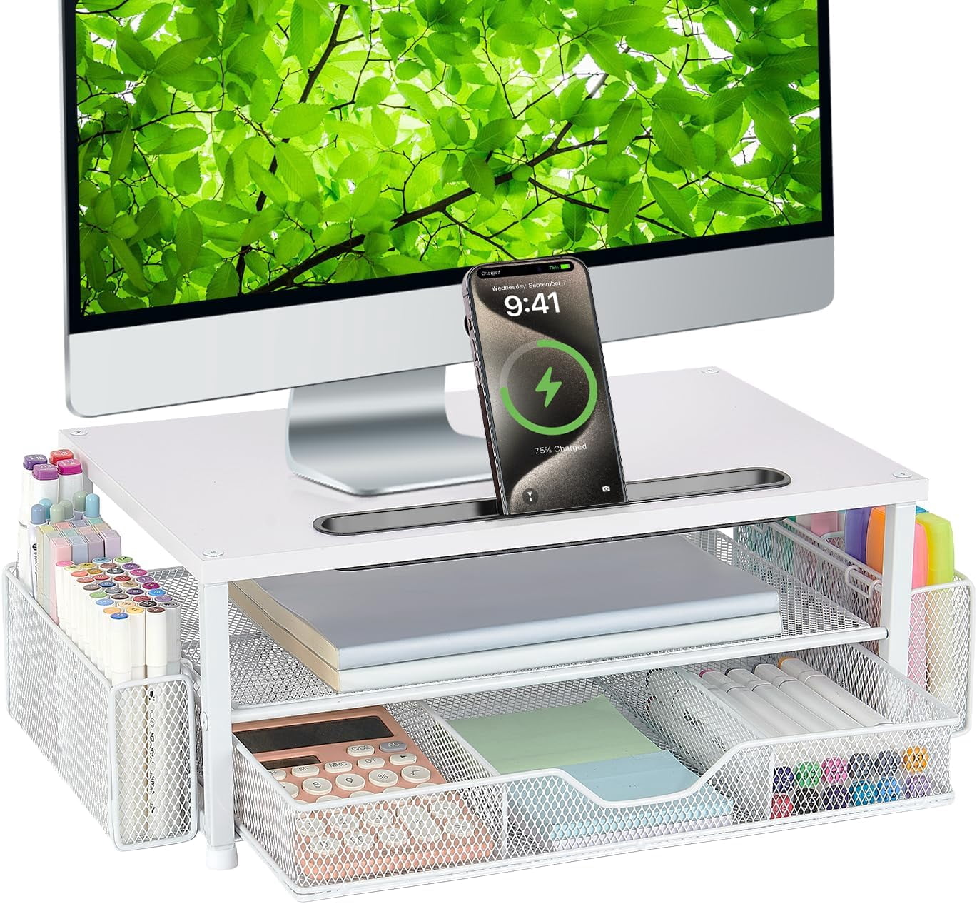 Wood Desk Organizers and Accessories, 2-Tier Computer Monitor Stand with Drawer, Pen Storage & Tablet Phone Holder, Office Desk Accessories, Workspace Desktop Organization for Office Supplies（Brown）