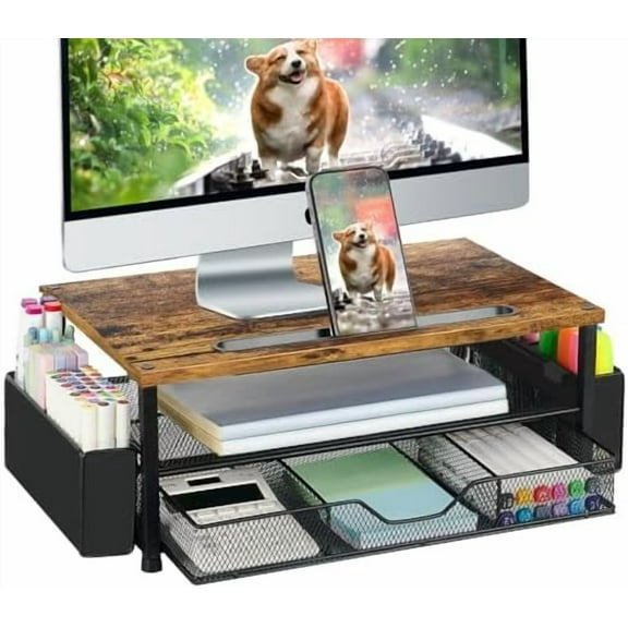 Wood Desk Organizers and Accessories, 2-Tier Computer Monitor Stand Riser with Drawer, Pen Storage & Phone Holder, Office Desk Accessories, Workspace Desktop Organization for Office Supplies（Brown）