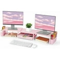 thumbnail image 1 of Wood Desk Organizers and Accessories, Dual Monitor Stand Riser with Drawer and 2 Pen Holders, Desk Shelf Computer Racks for Office Workspace Organizers, Desktop Organization (Pink), 1 of 6