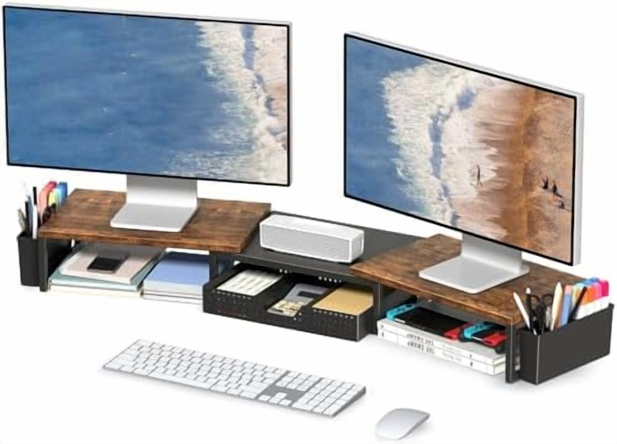 Wood Desk Organizers and Accessories, Dual Monitor Stand Riser with Drawer and 2 Pen Holders, Desk Shelf Computer Racks for Office Workspace Organizers, Desktop Organization (Rustic Brown)
