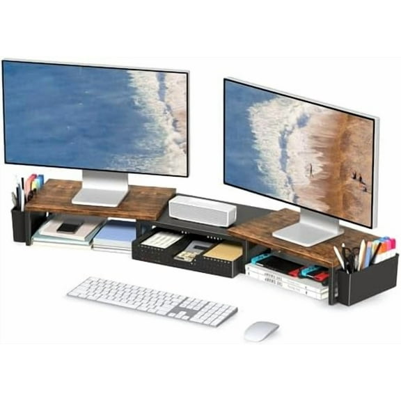 Wood Desk Organizers and Accessories, Dual Monitor Stand Riser with Drawer and 2 Pen Holders, Desk Shelf Computer Racks for Office Workspace Organizers, Desktop Organization (Rustic Brown)