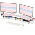 thumbnail image 1 of Wood Desk Organizers and Accessories, Dual Monitor Stand Riser with Drawer and 2 Pen Holders, Desk Shelf Computer Racks for Office Workspace Organizers, Desktop Organization (Pink＆ White), 1 of 6